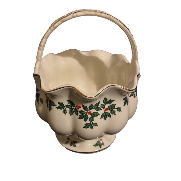Madison and Max Christmas Holly Berry Porcelain basket candy dish 8" tall - Picture 1 of 9